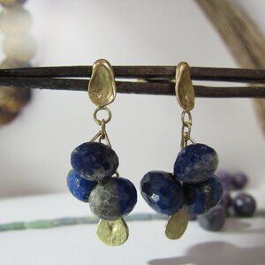 Earrings for women. 14K Yellow gold earrings, with Blue Lapis and small pendant.